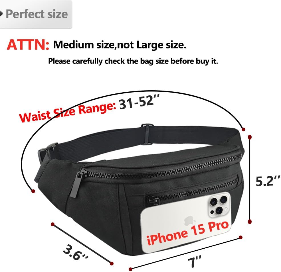 Fanny Pack for Men Women, Crossbody Waist Bag Pack Phone Bag | Belt Bag for Travel Walking Running Hiking Cycling, Adjustable Lightweight Hip Pack, Easy Carry Any Phone,Wallet (Black)