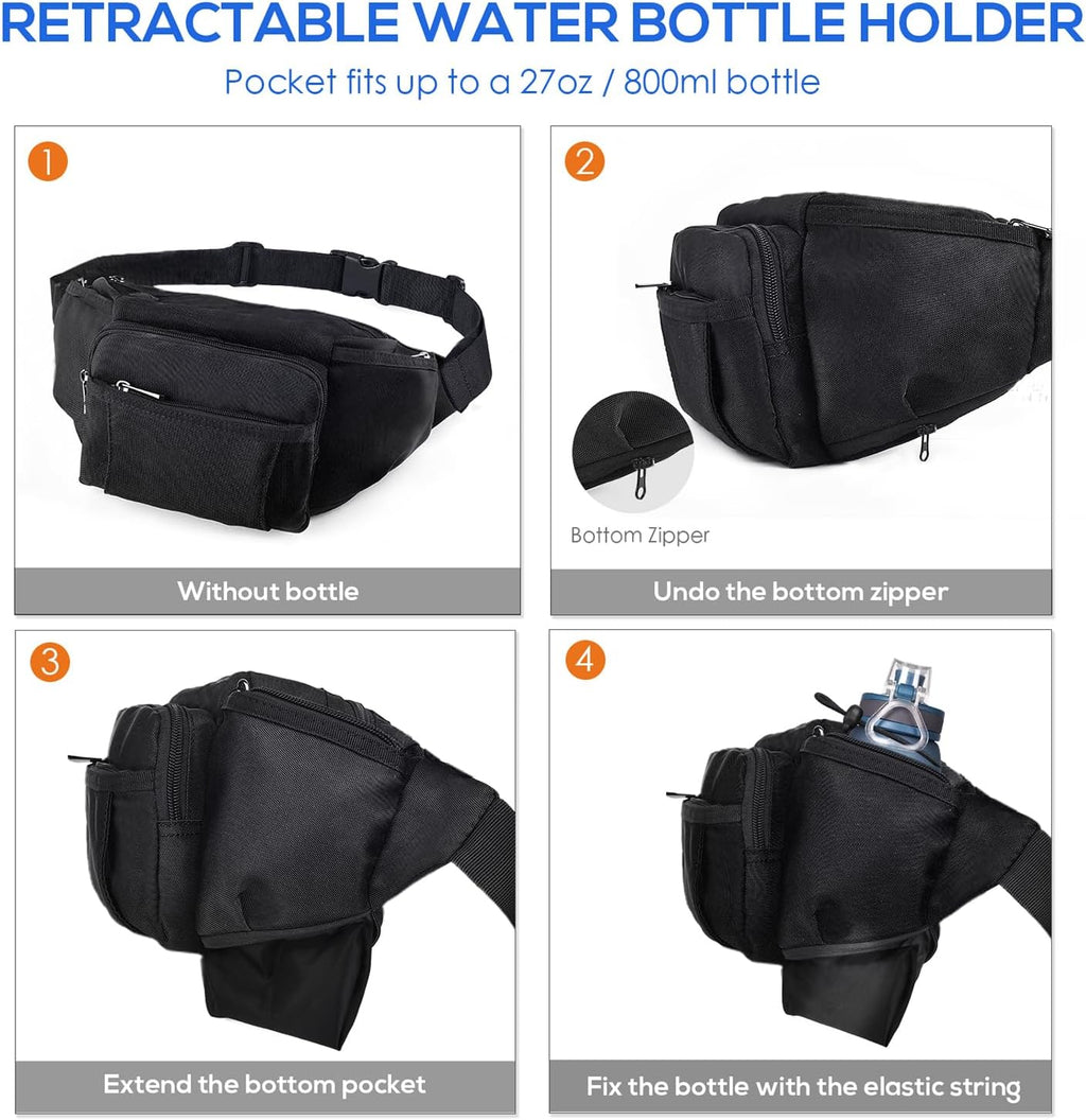 Fanny Pack Waist Bag for Men Women, Lightweight Waist Pack with Water Bottle Holder, Adjustable Belt Bag with Multi-Pockets for Hiking, Dog Walking, Outdoor, Cycling, Running, Travel, Black