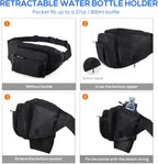 Fanny Pack Waist Bag for Men Women, Lightweight Waist Pack with Water Bottle Holder, Adjustable Belt Bag with Multi-Pockets for Hiking, Dog Walking, Outdoor, Cycling, Running, Travel, Black