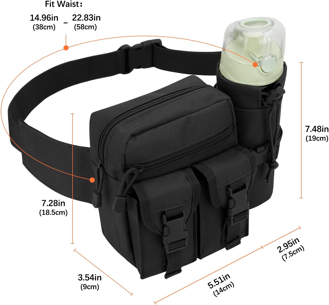 Hiking Waist Bag with Detachable Water Bottle Holder and Adjustable Waist Belt Oxford Fanny Pack for Men Women Causal Belt Bag for Travel Outdoor Fishing Running Hiking Hunting,Black