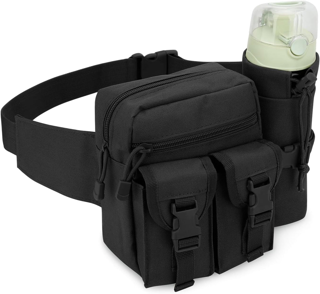 Hiking Waist Bag with Detachable Water Bottle Holder and Adjustable Waist Belt Oxford Fanny Pack for Men Women Causal Belt Bag for Travel Outdoor Fishing Running Hiking Hunting,Black