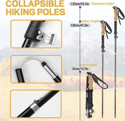 Collapsible Hiking Poles 2pc，Adjustable, Lightweight Trekking Poles 7075 Aluminium Alloy，Metal Flip Locks&Eva Foam Grips for Men Women