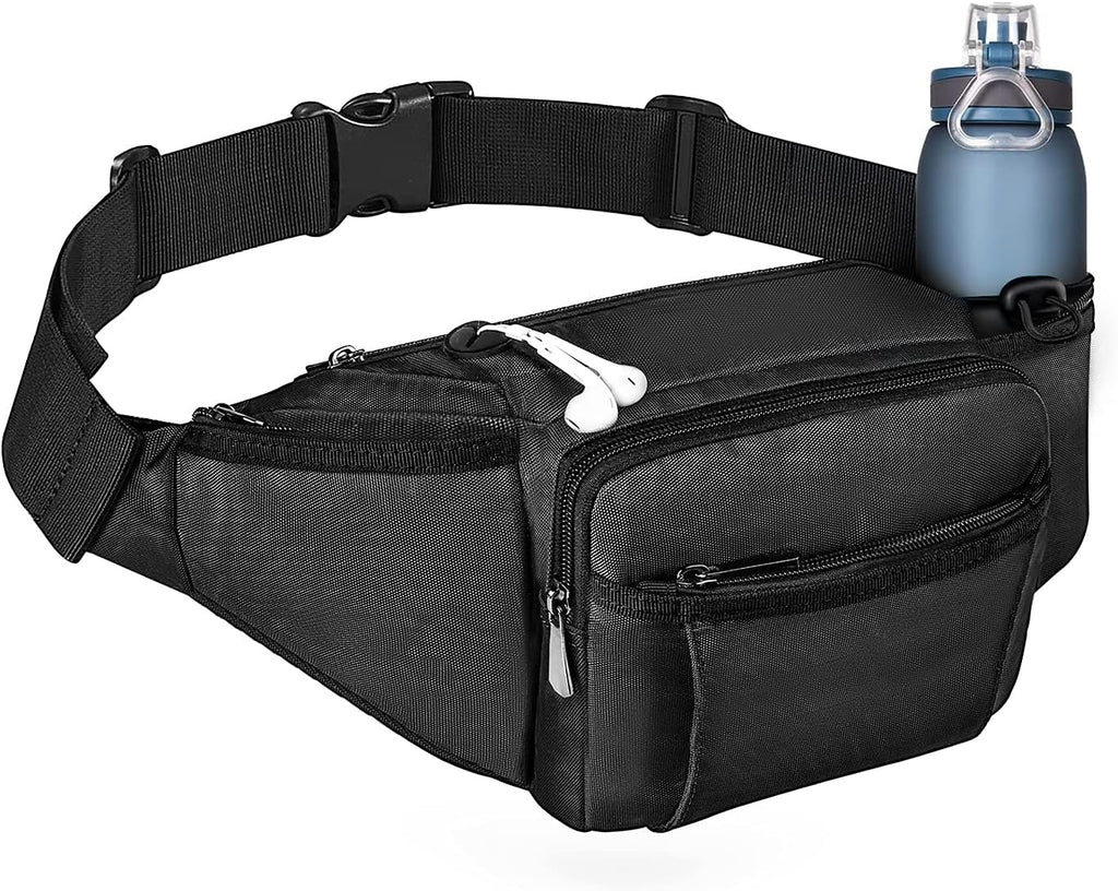 Fanny Pack Waist Bag for Men Women, Lightweight Waist Pack with Water Bottle Holder, Adjustable Belt Bag with Multi-Pockets for Hiking, Dog Walking, Outdoor, Cycling, Running, Travel, Black