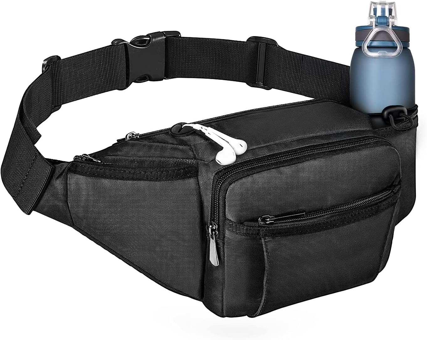 Fanny Pack Waist Bag for Men Women, Lightweight Waist Pack with Water Bottle Holder, Adjustable Belt Bag with Multi-Pockets for Hiking, Dog Walking, Outdoor, Cycling, Running, Travel, Black