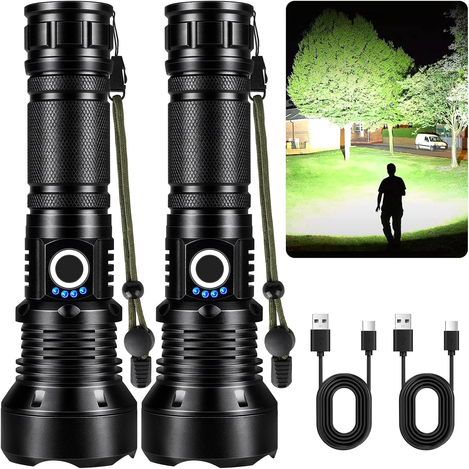 Flashlights High Lumens Rechargeable, 2 Pack 90,000 Lumens Super Bright Flashlight, 5 Modes LED Flashlight, IPX7 Waterproof Powerful Flash Light for Home, Outdoor Activities