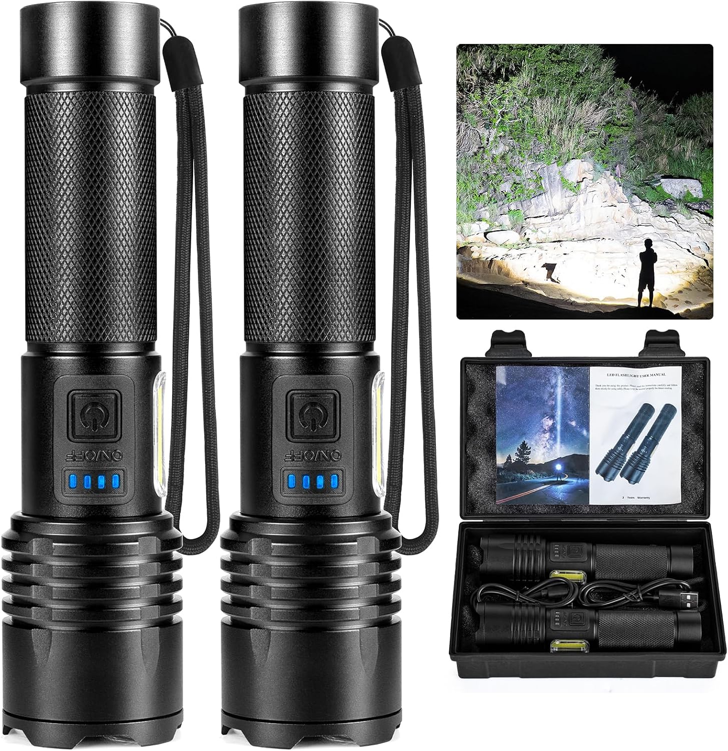 Flashlights High Lumens Rechargeable, 90000 Lumens Super Bright Led Flashlight, 7 Modes Brightest Powerful Flash Light with  Light, IPX6 Waterproof Handheld Flashlights for Camping Home